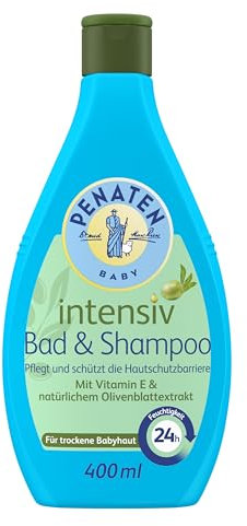 Penaten Intensiv Bad & Shampoo mildes Baby Bad & Baby Shampoo mit Vitamin E & natürlichem Olivenblattextrakt für trockene Babyhaut, 400ml