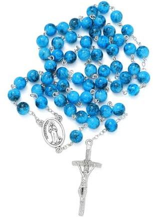 KMIMO Chapelet en verre bleu 8 mm, chapelet catholique pour femme avec sac en velours