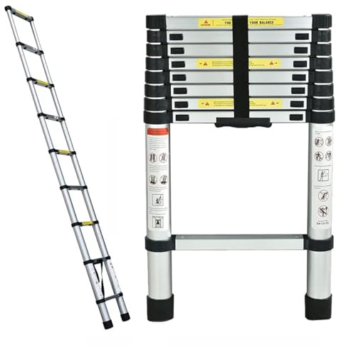 Teleskopleiter, 2,6 m, Metall, leicht, mit Verriegelungsmechanismus und rutschfesten Füßen, Mehrzweck-Klappleiter, 150 kg Kapazität