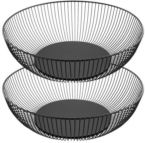 CHIHEUNG 2 PCS Black Fruit Bowls, 28 x 7.5cm Large Iron Fruit Baskets, Wire Fruit Basket for Table, Kitchen, Decorative Use