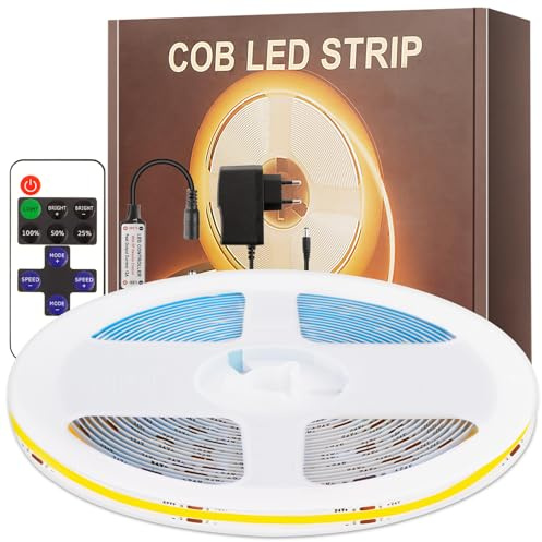PSTAR Tira LED COB 6M, 24V Blanco Cálido 2700K, Con Fuente De AlimentacióN Y Control Remoto RF, 320LED/M Brillo Cortable Flexible para Cocina, dormitorio, salón, iluminación