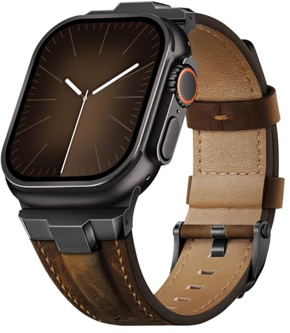 Suitisbest Genuine Leather Band Compatible for Apple Watch Ultra 3/2/1 Straps 49mm 46mm 45mm 44mm 42mm, Rugged Metal Connector Strap for Women Men iWatch SE 3 Series 11 10 9 8 7 6 5 4 3 2 1