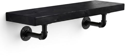 MKGT Handcrafted Rustic Wooden Floating Shelf with Industrial Pipe Brackets – 22cm Deep Solid Pine Wall Shelf, 45mm Thick, Made in the UK, Includes Fixings (Black, 40cm)