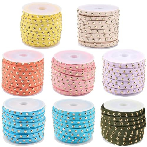 CALFOVERA Tiras de Cordón de Microfibra de Cuero de 40 m X 5mm, 8 Colores, Cordones de Gamuza Sintética con Remaches Punk Dorados, Tiras Planas con Tachuelas, Adornos para Hacer Joyas, Collares