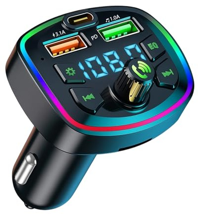 Bluetooth Fm Transmitter, Car Adapter Wireless Blue Tooth 5.0 Car Radio Music Calling Adaptor, Car MP3 Player, Dual USB-A Charging Type-C Charging, Fast Charging, Support Tf Card & Disk