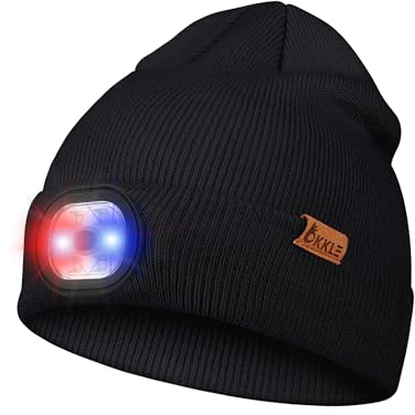 OKKLE LED Mütze mit Licht, USB wiederaufladbare LED Beanie, 3 Modi (Starklicht/Schwachlicht/Warnblinken), ideal zum Gassigehen,Joggen, Camping, Angeln, Herren Damen Geschenke