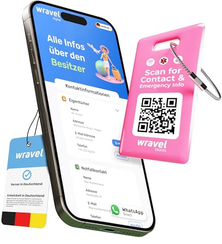 Digitaler Kofferanhänger mit NFC & QR-Code | Sicherer Gepäckanhänger mit digitalem Adressprofi | Privatsphäre Schutz, Finderlohn & Reiseinfos | für Reise, Geschäftsreise & Backpacking (Pink)
