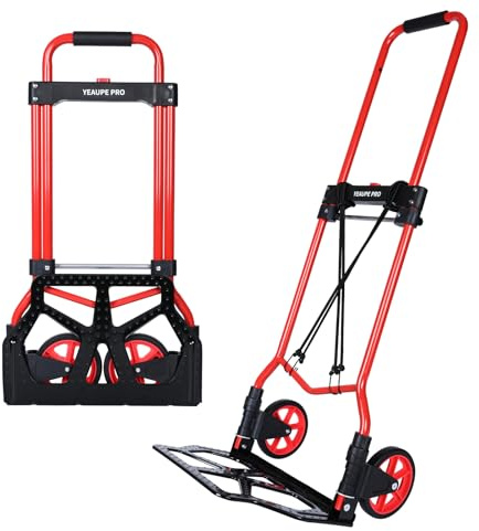 YEAUPE PRO Faltbare Sackkarre Ebene Böden Höhenverstellbar 50 kg Rot | TPR-Rollen, 2 elastische Spanngurte und verstellbarer Griff für Haus, Garten, Lager und Transport von Gegenständen