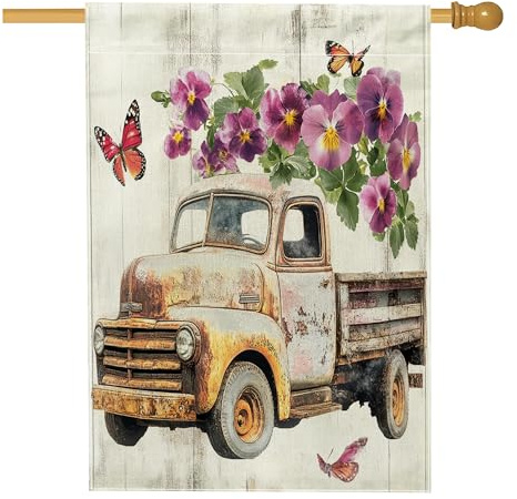 Banderas de casa de pensamiento de primavera de 28 x 40 pulgadas, de doble cara, flores de madera rústica, banderas estándar de arpillera para el hogar, banderas florales para decoración al aire libre
