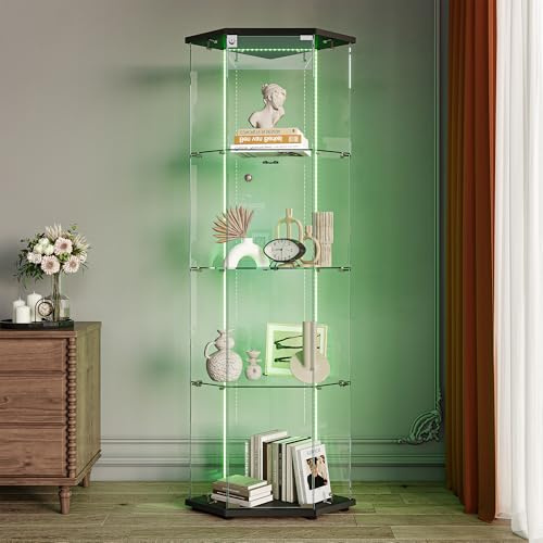 Eckvitrine mit Glastüren, Eckvitrine Glasvitrine mit led Beleuchtung, Modern Glasvitrine Stehend Vitrinenschrank, 4 Schichten, 1 Tür, mit Tür und Schloss, für Wohnzimmer Schlafzimmer Büro, Schwarz B