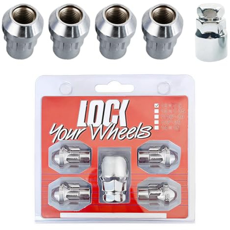 Set of 5 Locking Wheel Nuts, M12 x 1.5 Chrome Wheel Lug Nuts with Key Kit Wheels Socket Tool Wheel Lock Tyre Anti-theft Screw for Ford Mazda Toyota Honda Nissan