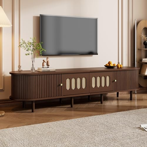 RAPRAP TV Schrank Holz,180 cm Braun TV Lowboard für Fernseher bis zu 80 Zoll, Rattan Fernsehschrank mit Schranktüren, Schiebetüren, TV-Tisch für Wohnzimmer Schlafzimmer (B)