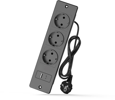 Inbyggt uttag USB C, 3 vägguttag + 2 USB, 1,5m, svart | 3 Schuko-uttag + USB-A & USB-C (5V 2.1A). 1,5m kabel. Inbyggd design – passar kök, kontor, verkstad. Snyggt och dolt.