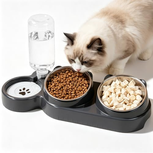 GOMETY Juego de 3 cuencos elevados para gatos, comedero y agua, 3 unidades, inclinable 15°, acero inoxidable, doble cuenco para gatos con dispensador de agua, automático para gatos y perros pequeños