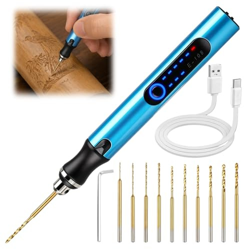 3-Speed Electric Mini Drill Pen, USB Rechargeable Hand Drill, 10 Drill Bits | Precise drilling and light engraving for resin, wood, plastic and stone; for jewellery, keychains, pendants and models, blue