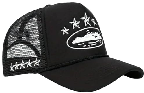 Gyios Cappello da Baseball Camionista Ricamato con Stella Unisex Berretto in Rete Traspirante Parasole Hip-Hop Regolabile per Uomo Donna Casual All'aperto-Nero-Regolabile
