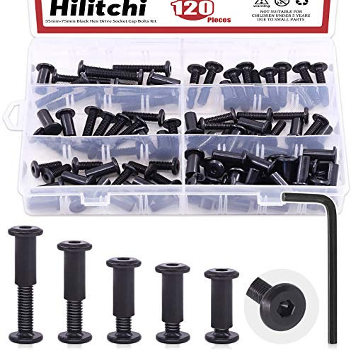 Hilitchi 120 Stück M6 Innensechskant-Schrauben Kit Senkkopfschrauben Bolzen Dübel Zylindermuttern Krippe Schrauben Muttern Sortiment Kit für Möbel Hardware Fitting (16/20/25/30/35 mm)