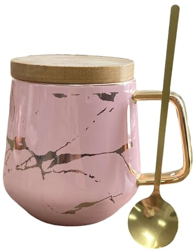 Eplze Ceramic Tea Cup- Marble Pattern (Pink, Tall 400ml + Wood lid)