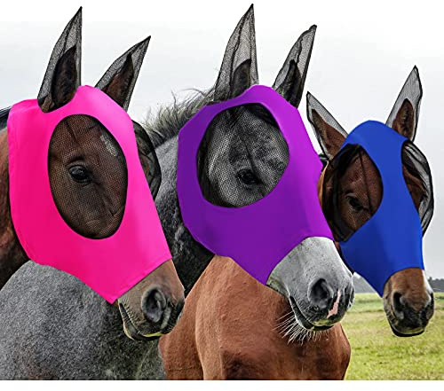 Weewooday 3 Pcs Horse Fly Mask with Ears UV Protection Full Face Fly Masks for Horses Elastic Smooth Breathable Comfortable Fit for All-Day(L,Purple, Blue, Pink)