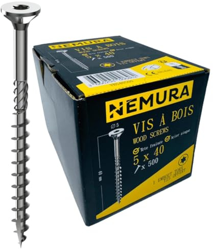 Nemura Lot de 500 Vis à Bois 5 x 40 mm - en Acier Zingué à Tête Fraisée - vis à bois Torx - Visses Spéciales pour Bois et Aggloméré- Haute Qualité Durable - Marque Francaise