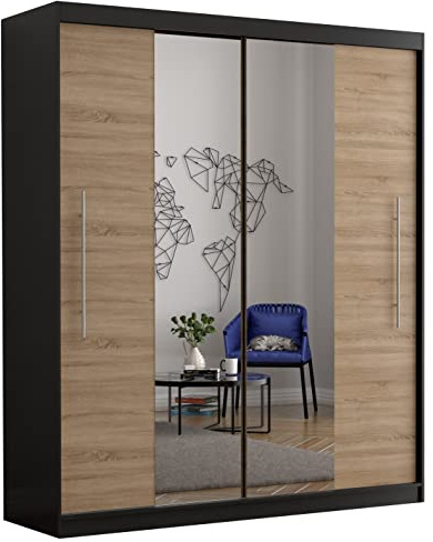 Fabryka Mebli Idźczak Kleiderschrank mit Spiegel, Wohnzimmerschrank - Sonoma, Schwarz Schwebetürenschrank, Schlafzimmerschrank - ‎58 x 204 x 218 cm - Schrank für Schlafzimmer, Wohnzimmer, Garderobe