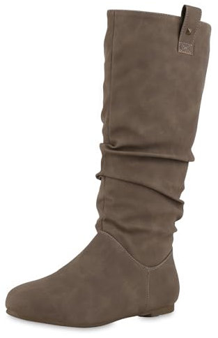 VAN HILL Damen Schlupfstiefel Warm Gefütterte Stiefel Nieten Wildleder-Optik Schuhe Flache Slouch Boots 610609 Khaki 39