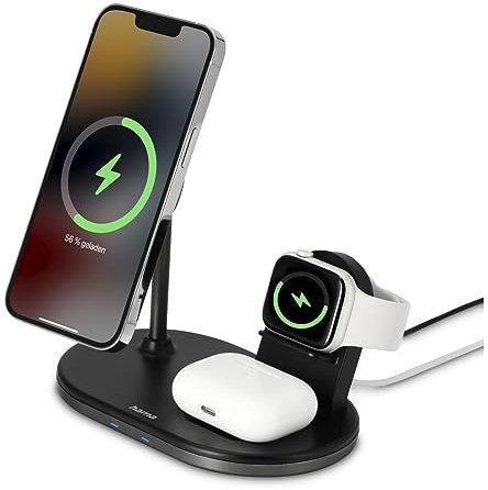 Hama MagCharge - Caricatore wireless per Apple iPhone, Apple AirPod, Apple Watch (stazione di ricarica induttiva con Quick Charge 15 W, ricarica wireless magnetica per Apple MagSafe e Hama MagLine)
