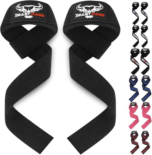BEAST RAGE tyngdlyftningsremmar fitness vadderad bomull handledsstöd gel avancerade grepp hantel stång wraps kraftiga gym kroppsbyggande remmar kraft dödlyft skivstång halkfri träning (Black)