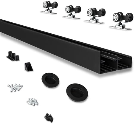 JUBEST 4FT Heavy Duty Bypass Door Hardware with Finger Pulls,Sturdy Aluminum Sliding Closet Door Track for 2 door System,Quietly and Smoothly,Fit Door Thickness 1 3/8 or 1 3/4,Easy to Install, Black