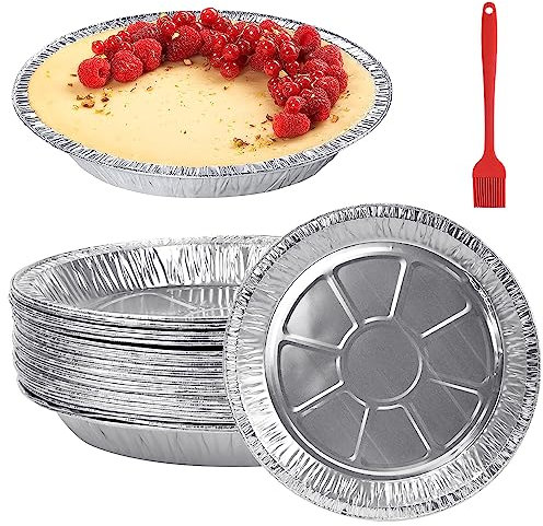 Wynott 30Pcs Round Aluminum Foil Trays - 9 Inch Plate and Pie Pans With Pastry Brush for Air Fryers, Baking, Cooking and Roasting