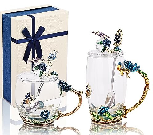 GeeWaa Enamel Butterfly Flower Glass Coffee Mug with Spoons and Lids,Pack of 2 Sets with Gift Box for Woman,Mum,Grandmother,Girlfriend,Sisters,Christmas,Birthday(Blue)