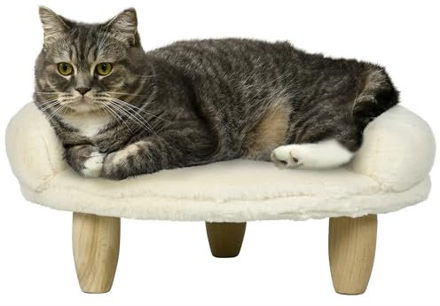 PawHut Hundesofa, Hundebett, Haustiersofa mit Erhöhtem Design, Hundecouch, Katzensofa, Hundesessel mit Holzbeine, Flanelle, Creme, 47 x 40 x 20 cm