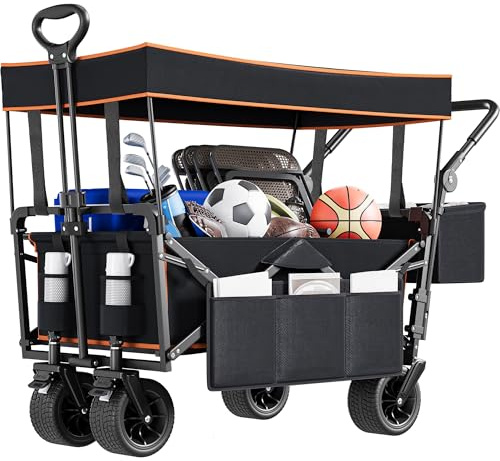 YITAHOME Bollerwagen Faltbar mit Dach, Schiebe und Ziehkarre, Faltbarer Bollerwagen 2 Getränkehaltern, Hohe Tragfähigkeit 220 lbs Transportwagen mit übergroßen Rädern für Garten Picknicks (Schwarz)