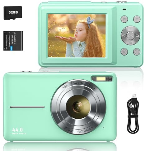 Sevenat Digitalkamera FHD 1080P 44MP Fotokamera Fotoapparat Digitalkamera mit 32G Karte 16X Digitalzoom Kompakt Einfache Tragbare Digital Kamera für Kinder Senioren Mädchen Anfänger Teenager(Grün)