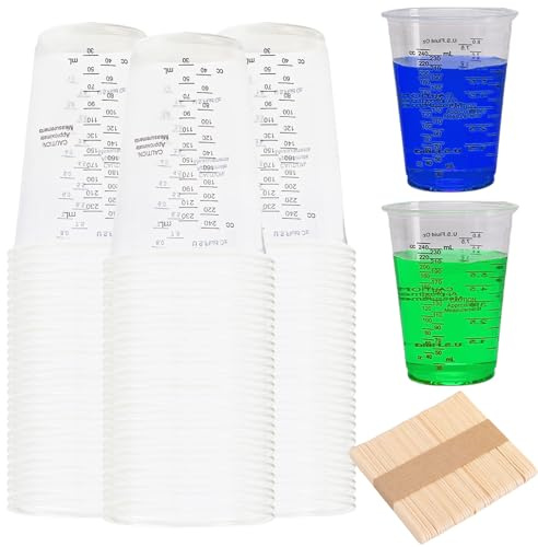 50 bicchieri graduati in resina epossidica, 230 ml, set da 50 bastoncini per legno trasparente, in resina epossidica, per liquidi, miscelazione di resina, colore, pigmento