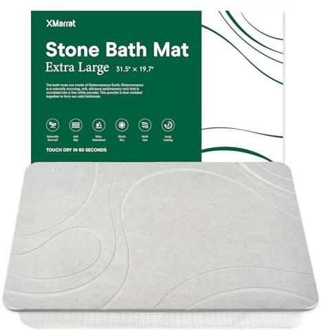 XMarrat Large Stone Bath Mat, Super Absorbent Diatomaceous Earth Bath Mat, Quick Drying Non-Slip Diatomite Stone Bath Mats for Bathroom, Easy to Clean (Light Gray, 31.5 x 19.7)
