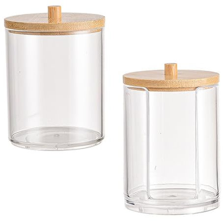 LZZEM 2Pcs storage containers for cotton pads Cotton Pad Holder with Bamboo Lids Makeup Storage Cotton Pad Dispenser for Cotton Ball Floss Hair Clips