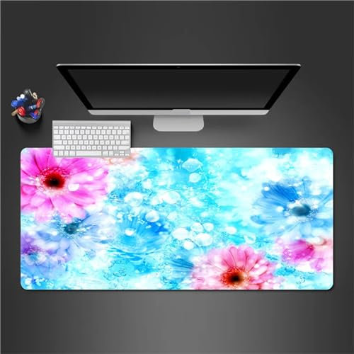 Blaue rosa Blumen Mauspad,Große Gaming Mauspad,600x300x2mm XXL Gaming Tastatur Matte,Rutschfeste Gummibasis,Genähte Kanten,Spezielle Oberfläche verbessert Geschwindigkeit und Präzision für Home Office