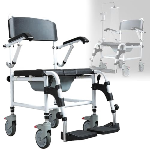 vanenferse Duschstuhl Mit Rollen,Toilettenstuhl Faltbar Für Senioren, Fahrbarer Toilettenrollstuhl Mit Armlehne Rückenlehne Und Toiletteneimer, Duschhocker Höhenverstellbarer, Bis 150kg