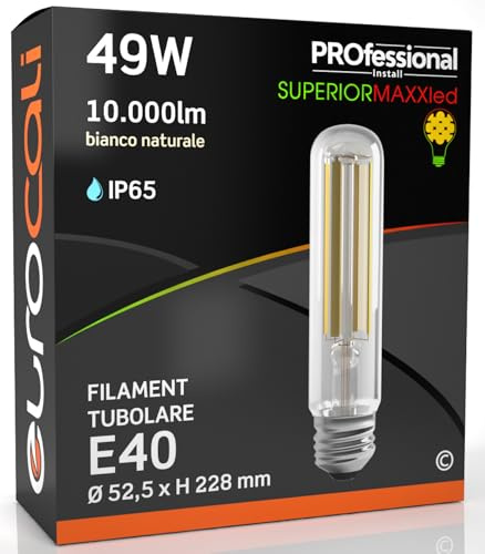 Eurocali Lampada LED E40 49W Tubolare 10000 lumen Filamento Bianco Caldo 4000K - Sostituzione Alogenuri Metallici - Alta Efficienza 204 lm/W - Impermeabile IP65 - diffusore in vetro trasparente