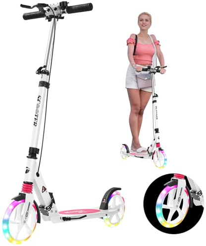 Scooter for kids ages 6+ and Up, Quick Folding Handbrake Adult Scooter, Kick Scooters with Carry Strap and Height Adjustable, 200mm Big Wheel for Adults and teenagers 11-15 (White)