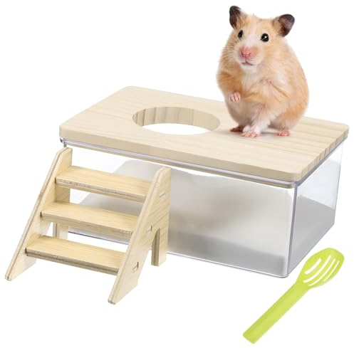 COSMEVIVI Kit per Bagno di Sabbia per Criceti con Vasca in Legno Trasparente, Scaletta e Paletta, Set Resistente per Piccoli Animali Domestici