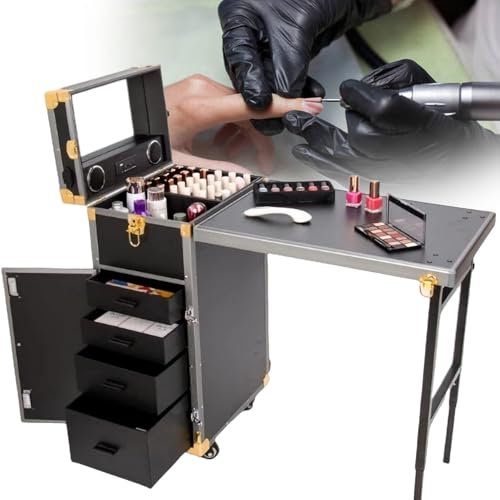 Tragbarer Professioneller Nageltisch, ManiküRetisch Auf Rollen, Faltbarer Make-Up-Koffer für Nagelstation, mit Schubladen/Spiegel/Bluetooth-Lautsprecher für Bewegliches Make-Up-Nagelstudio,BlackGold