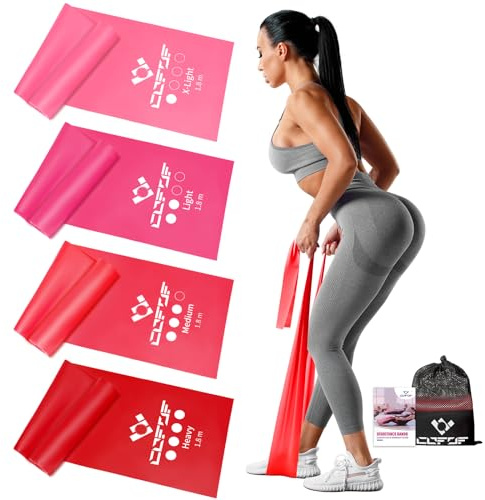 COFOF Fitnessbänder 4er-Set, Gymnastikband mit 4 Widerstandsstufen | Fitnessband mit Tragetasche & Übungsanleitung Geliefert Ideal für Yoga, Pilates(Limonengrün, gelb, blau, rot)