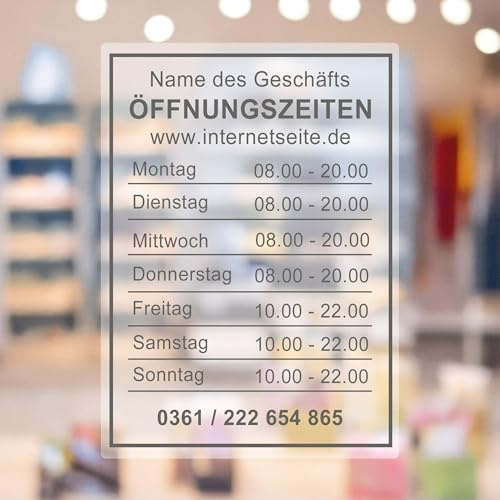 KIWISTAR - Öffnungszeiten - 297x210mm - Grau - personalisiert - Fensterfolie - Wunschtext - Schaufensterbeschriftung - Aufkleber - Milchglas - blickdicht - Glasdekorfolie - innenklebend