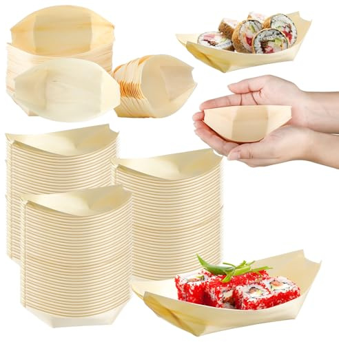 Hoolerry 300 Pcs Disposable Wood Boat Plates Dishes 4 Inches Bamboo Plates Sushi Boat Disposable Bamboo Leaf Dish Serving Tray Food Container Wood Bowl For Catering Home