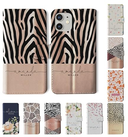 Tirita Personalised Wallet Phone Case for iPhone 16 With Card Holder – Leather Flip Case or Cover With Custom Name – Cute Personalised Gift for Women [11. Animal Print Tiger]