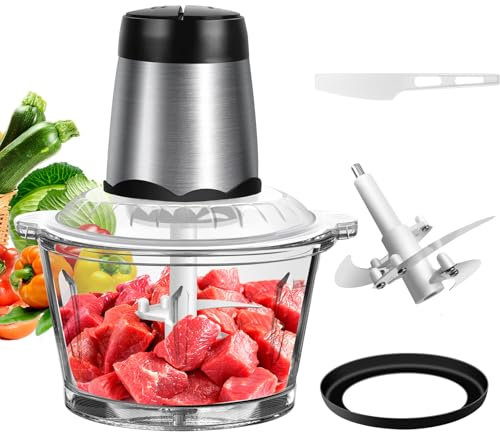 300W Electric Mini Chopper, Samll Food Processor Blender Mixer Chopper Meat Grinder with 2L Glass Bowl, 4 bi-Level Blades, 2 Speed Settings, One Touch Operation, Silent Design
