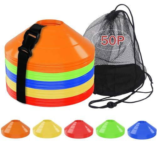 50 Stück Fußballkegel mit Gurt, Tragetasche, Agility-Disc-Kegel, Fußball-Trainingskegel, Feldmarker, Sport-Trainingshütchen für Herausforderung, Fußball, Basketball, Skaten, Kinderspiele, Outdoor
