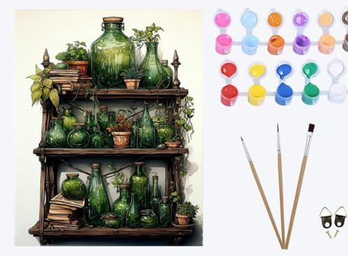 XIAOYOUQIAN Old Glass Bottle Plant Magic Bottle Bookcase，Paint by Number for Adults ，DIY Oil Painting Kits with Brushes and Acrylic Pigment ，Canvas Painting Decor Gifts，16 x 20 inch，with Frame